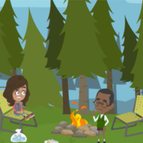 cartoon children sitting by a campfire in the forest