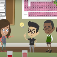 cartoon children talking with periodic table in the background